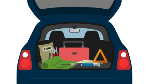 A graphic depicting the trunk of a blue car. Inside the trunk are items from an emergency kit for vehicles such as sand, a blanket, jumper cables, and a flashlight. 